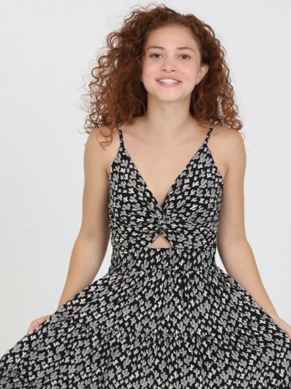 Black Cactus Print Midi Dress Spaghetti Strap Boho Size M Angie